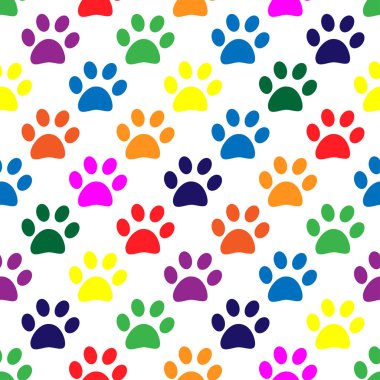  Tekstil ambalajı, giysi baskısı, evcil hayvan dükkanı, tekstil için kedi ve köpek ayak izlerinden oluşan kusursuz bir model.