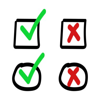 Yeşil kontrol ve kırmızı işaret seti. El çizimi eskiz tarzı. Oylama, evet, oylama konsepti yok. İşaretli kutucuk, kare ile çapraz iz, daire ögesi. Vektör illüstrasyonu.