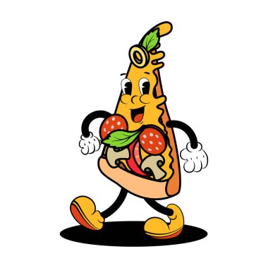 Hoş, gülümseyen bir pizza diliminin, modaya uygun ve şık renklerde vektör çizimi.