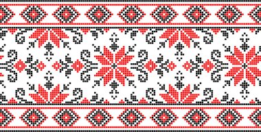Etnik tarz, kimlik, vyshyvanka gibi Ukrayna süslemelerinin vektör illüstrasyonu, baskı giysileri, web siteleri, afişler için nakış. Geçmişi. Geometrik tasarım, sınır, kopyalama alanı, çerçeve