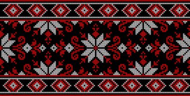 Etnik tarz, kimlik, vyshyvanka gibi Ukrayna süslemelerinin vektör illüstrasyonu, baskı giysileri, web siteleri, afişler için nakış. Geçmişi. Geometrik tasarım, sınır, kopyalama alanı, çerçeve