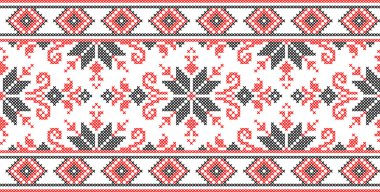 Etnik tarz, kimlik, vyshyvanka gibi Ukrayna süslemelerinin vektör illüstrasyonu, baskı giysileri, web siteleri, afişler için nakış. Geçmişi. Geometrik tasarım, sınır, kopyalama alanı, çerçeve