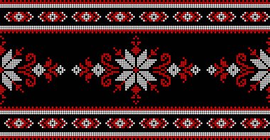 Etnik tarz, kimlik, vyshyvanka gibi Ukrayna süslemelerinin vektör illüstrasyonu, baskı giysileri, web siteleri, afişler için nakış. Geçmişi. Geometrik tasarım, sınır, kopyalama alanı, çerçeve