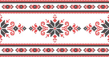 Etnik tarz, kimlik, vyshyvanka gibi Ukrayna süslemelerinin vektör illüstrasyonu, baskı giysileri, web siteleri, afişler için nakış. Geçmişi. Geometrik tasarım, sınır, kopyalama alanı, çerçeve