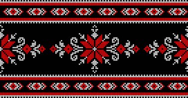 Etnik tarz, kimlik, vyshyvanka gibi Ukrayna süslemelerinin vektör illüstrasyonu, baskı giysileri, web siteleri, afişler için nakış. Geçmişi. Geometrik tasarım, sınır, kopyalama alanı, çerçeve