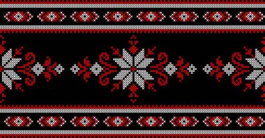 Etnik tarz, kimlik, vyshyvanka gibi Ukrayna süslemelerinin vektör illüstrasyonu, baskı giysileri, web siteleri, afişler için nakış. Geçmişi. Geometrik tasarım, sınır, kopyalama alanı, çerçeve