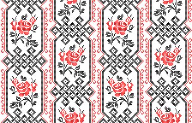 Etnik tarz, kimlik, vyshyvanka gibi kusursuz Ukrayna süsü desenleri, basılı kıyafetler, web siteleri, afişler, posterler için nakışlar. Vektör illüstrasyon arkaplanı