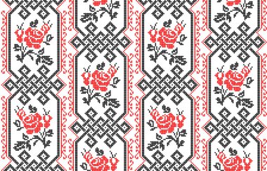 Etnik tarz, kimlik, vyshyvanka gibi kusursuz Ukrayna süsü desenleri, basılı kıyafetler, web siteleri, afişler, posterler için nakışlar. Vektör illüstrasyon arkaplanı