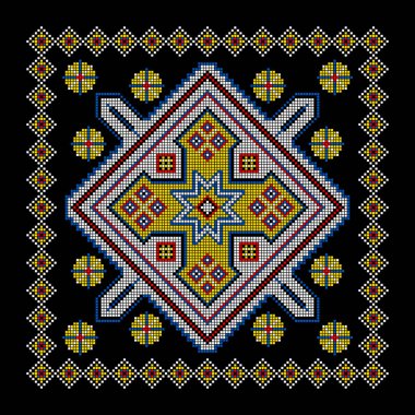 Etnik tarz, kimlik, vyshyvanka gibi Ukrayna süslemelerinin vektör illüstrasyonu, baskı giysileri, web siteleri, afişler için nakış. Geçmişi. Geometrik tasarım, sınır, kopyalama alanı, çerçeve