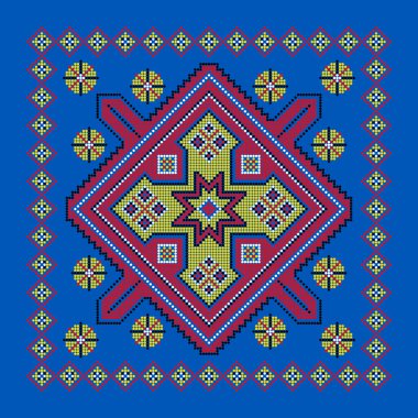 Etnik tarz, kimlik, vyshyvanka gibi Ukrayna süslemelerinin vektör illüstrasyonu, baskı giysileri, web siteleri, afişler için nakış. Geçmişi. Geometrik tasarım, sınır, kopyalama alanı, çerçeve