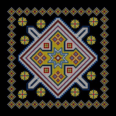 Etnik tarz, kimlik, vyshyvanka gibi Ukrayna süslemelerinin vektör illüstrasyonu, baskı giysileri, web siteleri, afişler için nakış. Geçmişi. Geometrik tasarım, sınır, kopyalama alanı, çerçeve