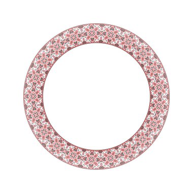 Etnik tarz, kimlik, vyshyvanka, baskı giysileri, web siteleri, afişler gibi yuvarlak çerçeveli Ukrayna süslemelerinin vektör çizimi. Geçmişi. Geometrik tasarım, kopyalama alanı, çerçeve