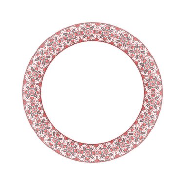 Etnik tarz, kimlik, vyshyvanka, baskı giysileri, web siteleri, afişler gibi yuvarlak çerçeveli Ukrayna süslemelerinin vektör çizimi. Geçmişi. Geometrik tasarım, kopyalama alanı, çerçeve