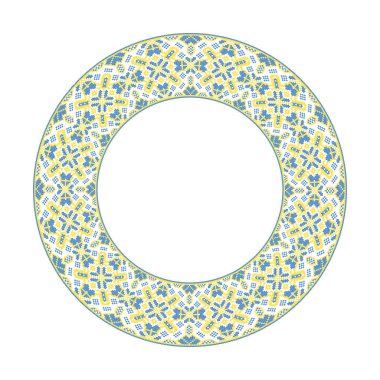 Etnik tarz, kimlik, vyshyvanka, baskı giysileri, web siteleri, afişler gibi yuvarlak çerçeveli Ukrayna süslemelerinin vektör çizimi. Geçmişi. Geometrik tasarım, kopyalama alanı, çerçeve