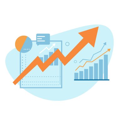 İş büyümesinin ve başarının modern bir temsili. Finansal büyümeyi ve başarıyı sembolize eden yukarı doğru büyük bir ok. Arkaplanda dijital tablolar, grafikler ve yükselen bir borsa eğilimi.