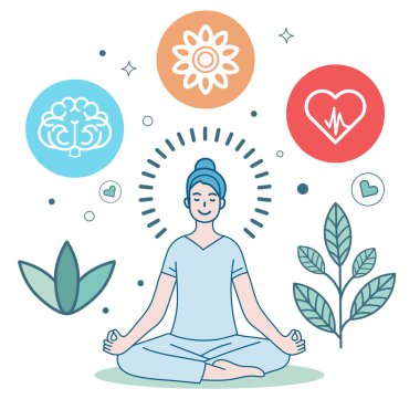 Zihinsel sağlığı ve kendine bakımı destekleyen temiz ve minimalist bir vektör çizimi. Huzur ve dengeyi simgeleyen soyut şekillerle çevrili meditasyon poziyonunda oturan sakin bir figür..