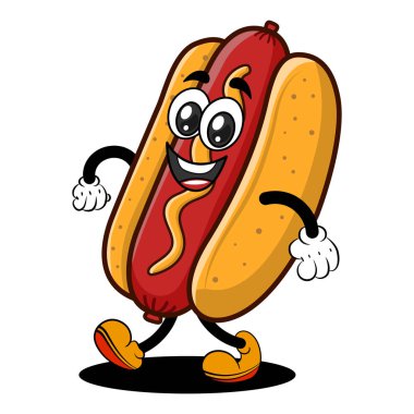 Eskimiş kauçuk hortumlu komik bir sosisli maskotun vektör çizimi. Hardallı ve marullu neşeli fast food karakteri, güvenli bir şekilde yürüyor..