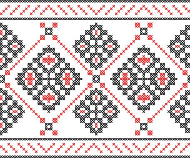 Çapraz dikişli geleneksel Ukrayna nakış deseni. Orijinal Ukrayna vyshyvanka motiflerinden esinlenilmiş halk dekoratif tasarımı, tekstil ve arka plan için mükemmel.