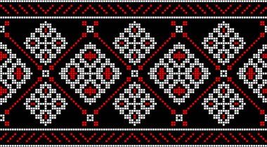 Çapraz dikişli geleneksel Ukrayna nakış deseni. Orijinal Ukrayna vyshyvanka motiflerinden esinlenilmiş halk dekoratif tasarımı, tekstil ve arka plan için mükemmel.