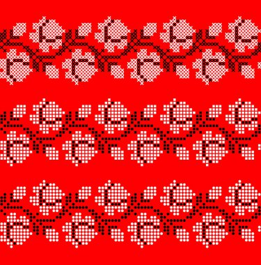 Vektör Ukrayna süsü piksel tarzı çiçekler ve etnik tasarım yapraklarıyla işlenmiş üç dekoratif kenar