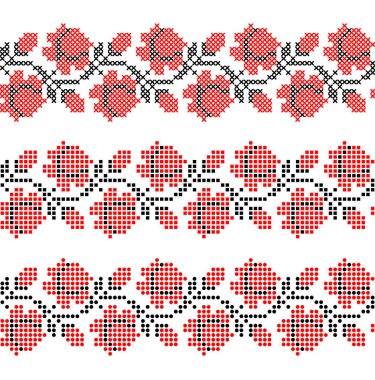 Vektör Ukrayna süsü piksel tarzı çiçekler ve etnik tasarım yapraklarıyla işlenmiş üç dekoratif kenar
