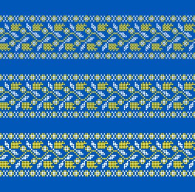 Vektör Ukrayna süsü piksel tarzı çiçekler ve etnik tasarım yapraklarıyla işlenmiş üç dekoratif kenar