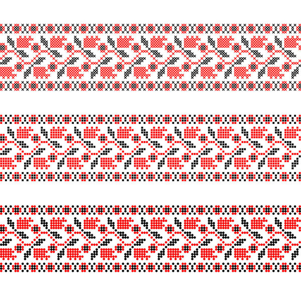 Векторный украинский орнамент три декоративные вышитые границы с пиксельными цветами и листьями в этническом дизайне