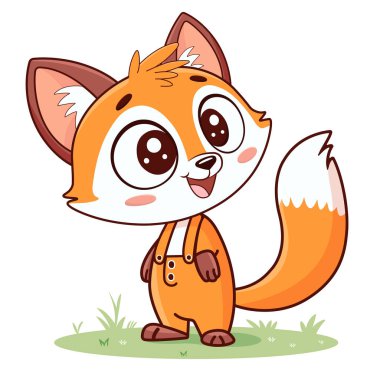 Beyaz Çimenler Üzerinde Duran Tatlı Bebek Tilki Karakteri, Çocuk Ürünleri, Kitapları, Tişörtler, Posterler, Çıkartmalar ve Eğitimsel Malzemeler İçin Vector Illustration