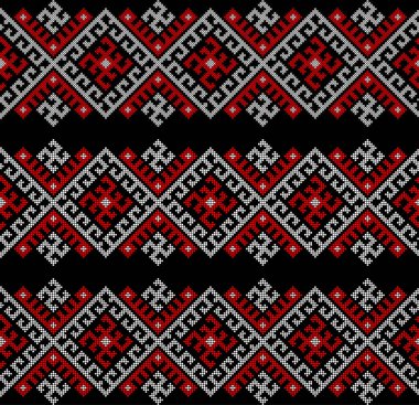 Kırmızı ve siyah swarga (gamalı haç) güneş sembolleri, etnik geometrik süs, vektör folk tekstil tasarımı arka planı ile kusursuz geleneksel Ukrayna nakış deseni