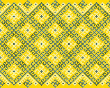 Kusursuz Ukrayna nakış süsleme vektörü, sarı ve mavi geometrik girdaplar ve güneş sembolleriyle geleneksel etnik desen, arka plan, kumaş, kıyafet, duvar kağıtları için halk tekstil tasarımı