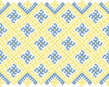 Kusursuz Ukrayna nakış süsleme vektörü, sarı ve mavi geometrik girdaplar ve güneş sembolleriyle geleneksel etnik desen, arka plan, kumaş, kıyafet, duvar kağıtları için halk tekstil tasarımı