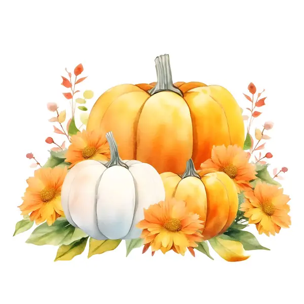 floral pumpkins, Thanksgiving watercolor illustration, autumn flowers, harvest, botanical fall decor, festive clip art