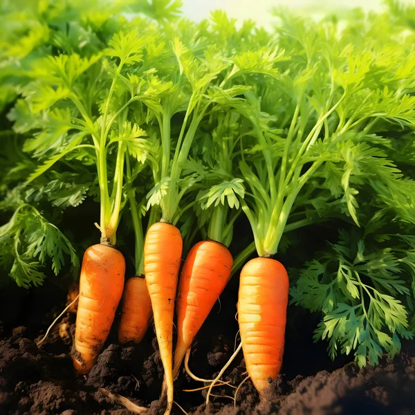vegetable bed close up, fresh carrots with tops