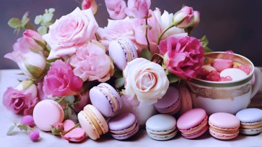 Sevgililer Günü hediyesi olarak pastel renkte ve pastel bir kutuda kurabiyelerin ve güllerin kapağını kapat.