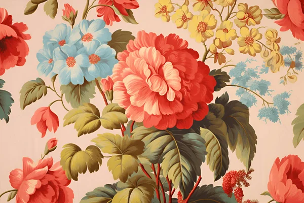 Arreglo Floral Vibrante Dibujado Sobre Fondo Claro Estilo Vintage —  Fotos de Stock