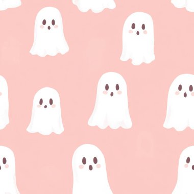 Yumuşak pembe arka planda sevimli tuhaf hayaletler neşeli bir Cadılar Bayramı şablonu oluşturur. Düz çizgi film çizimi sosyal medya tasarımları için mükemmeldir. minimalist stil.