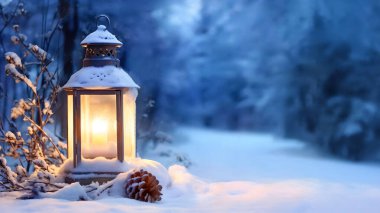 Banner with lantern outside in the winter, with space for text clipart