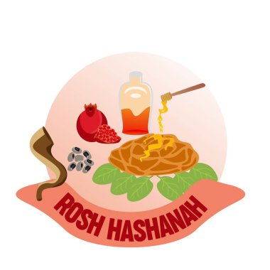 Rosh Hashanah özgeçmişi, mutlu yıllar. Tost, elma yaprağı, bal, nar, boynuz ve Yahudi. Yahudi bayramı Rosh Hashanah, vektör düz tatil selamlama unsuru şablonu.