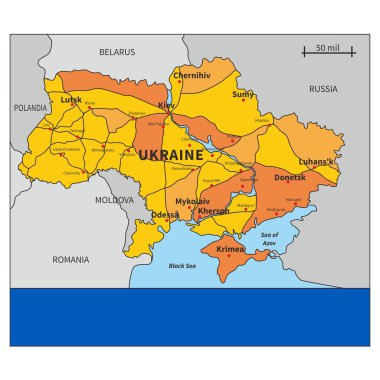 Ukrayna kriz haritası. Ukrayna ve Rus askeri çatışması. Ukrayna, Rusya 'nın işgal ettiği toprakları gösteren idari harita. vektör haritası.