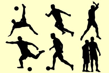 Futbolcu siluetlerinin düzenlenebilir vektör çizimi izole, açık sarı renkte. Bir spor oyuncusu poster ögesi olarak kullanmak için uygun.