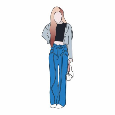 Pembe tonlu dalgalı saçlı, siyah tişörtlü, şık mavi pantolonlu Koreli bir kadının vektör çizimi. Kadın moda idolü. soyut düz çizgi film tasarımı