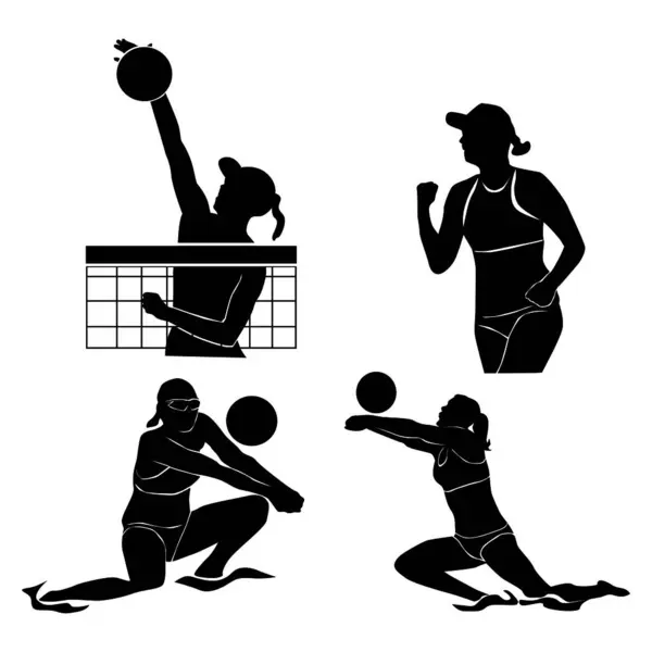 Volleyball Defense Set Woman Silhouette Vector Sexy Girl Beach Volleyball — Stock Vector