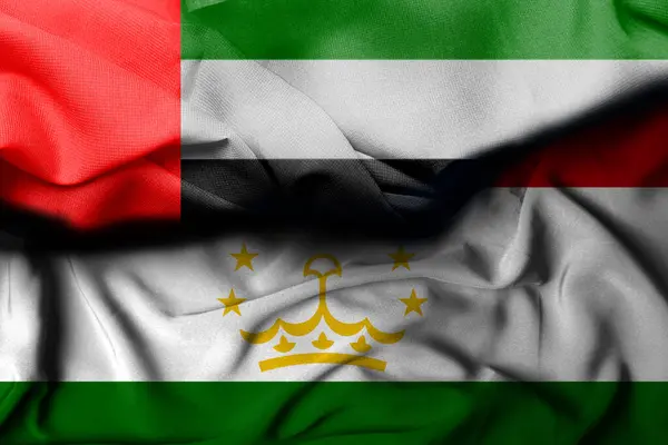 Illustration of the united arab emirates flag combining the tajikistan flag, decoration background. 3d illustrations