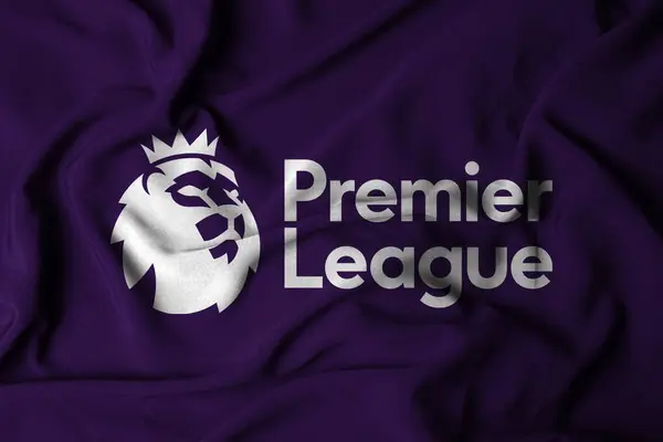 Pringsewu, Lampung; 4 Aralık 2023; seçici odaklı Logo The Premier League İngiltere 'nin en yüksek futbol ligi. Akan kumaş dokusuyla. 3B illüstrasyon