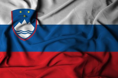 Sallanan kumaş dokusuyla seçici odaklı Slovenya bayrağı. 3B illüstrasyon