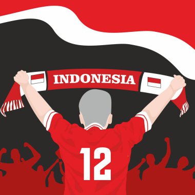 Endonezyalı futbol taraftarlarının spor afişi. Taraftarlar eşarp tutarken ellerini kaldırıyorlar. Kalabalığın siluetleri..