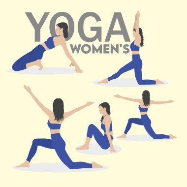 Yoga kadın vektörü ayarlandı. Kadınlar için hareket egzersizleri, vücut hedefleri, kadın tozlukları. Düz mavi renk. Seksi kadın tayt koleksiyonu simgeleri