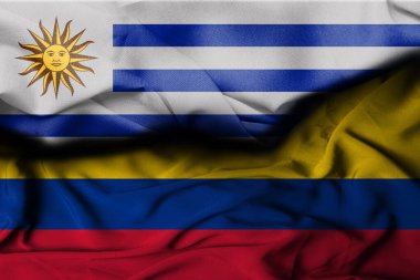 Uruguay bayrak çizimi, Kolombiya bayrağını, saten desenli dekorasyon arka planını birleştirir. 3d illüstrasyon