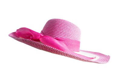 Pembe hasır şapka kırpma yolu, plaj şapkası güneş koruması için, şapka modeli yan görünüş, izole edilmiş beyaz