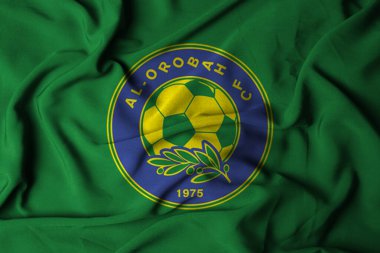 Pringsewu, Lampung; 12 Eylül 2024; Bayrak logosu deseni seçici odaklı AL-OROBAH FC, Suudi Arabistan Ligi futbol takımı. 3d illüstrasyon